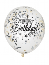 6 Ballons en latex confettis Happy Birthday argent et or 30 cm accessoire