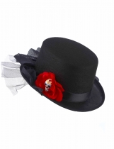 Deguisement Chapeau haut de forme noir tête de mort fleur rouge Dia de los muertos adulte Melon et Haut de Forme