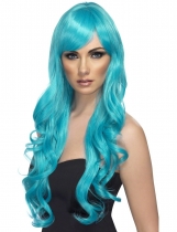 Deguisement Perruque longue ondulée bleue turquoise femme Longues
