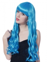 Deguisement Perruque longue ondulée bleue avec frange femme Femmes