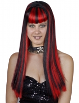 Deguisement Perruque longue noire avec frange et balayage rouge femme Longues