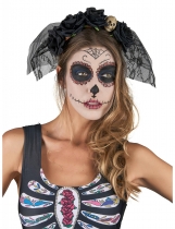 Deguisement Serre-tête noir voile dentelle Dia De Los Muertos Sorcière et Halloween