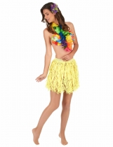 Deguisement Jupe hawaïenne courte jaune papier adulte Collier Hawaïen et Pagne
