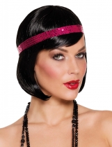 Deguisement Perruque courte noire cabaret avec bandeau à sequins rose femme 