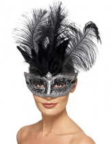 Masque Colombine vénitien gris avec plumes adulte accessoire