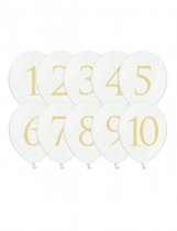 10 Ballons en latex chiffres 1 à 10 blancs et dorés 30 cm accessoire
