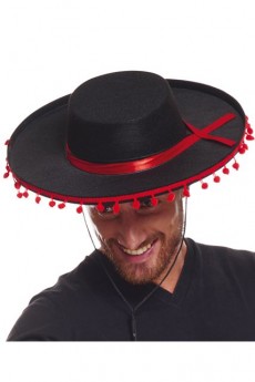 Chapeau Espagnol Noir Avec Pompons Rouges accessoire
