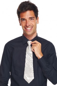 Cravate Paillettes Argent 35 Cm Attache Elastique accessoire