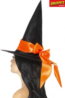 Chapeau Sorcière Deluxe Noir Noeud Orange accessoire