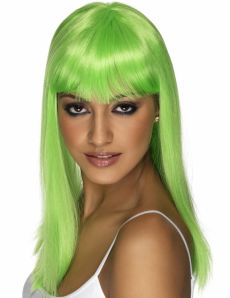 Perruque longue verte fluo à frange femme accessoire