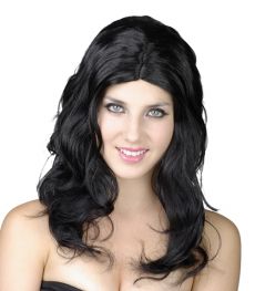 Perruque longue ondulée noire femme accessoire