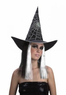Chapeau avec perruque sorcière noir et blanc femme Halloween accessoire