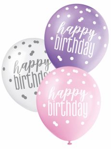 6 Ballons roses, violets et blancs Happy Birthday accessoire