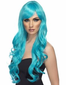 Perruque longue ondulée bleue turquoise femme accessoire