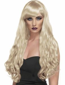 Perruque longue ondulée blonde à frange femme accessoire