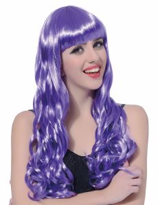 Perruque longue ondulée violette à frange femme accessoire