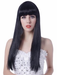 Perruque longue noire à frange femme accessoire