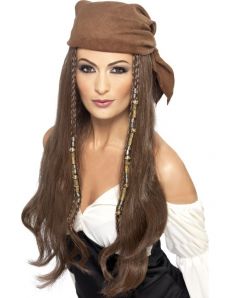 Perruque longue chatain pirate femme accessoire