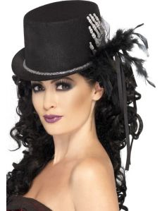 Chapeau haut de forme noir avec main squelette et plumes femme Halloween accessoire