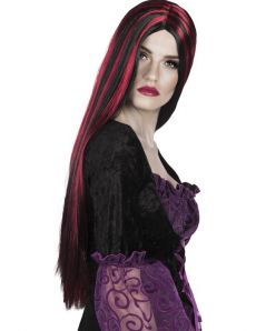 Perruque longue rouge et noire femme Halloween accessoire