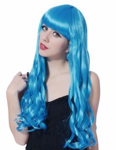 Perruque longue ondulée bleue avec frange femme accessoire