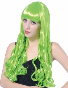 Perruque longue ondulée Vert fluo avec frange femme accessoire