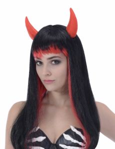 Perruque longue noire et rouge diable femme accessoire