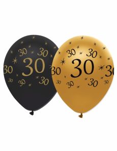 6 Ballons en latex 30 ans noirs et dorés 30 cm accessoire