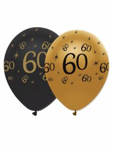 6 Ballons en latex 60 ans noirs et dorés 30 cm accessoire