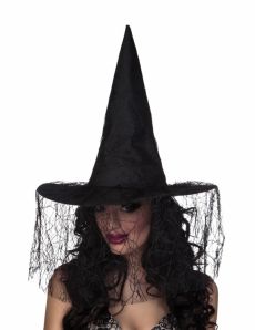 Chapeau sorcière noir avec voile araignée femme Halloween accessoire