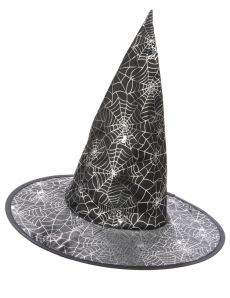 Chapeau de sorcière noir avec toile d'araignée blanche adulte accessoire