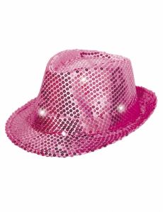 Chapeau borsalino rose à sequins avec LED adulte accessoire
