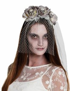 Serre-tête avec voile zombie blanc femme Halloween accessoire