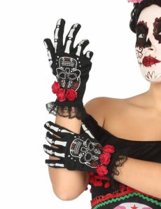 Gants courts squelette mexicain femme Dia de los muertos accessoire