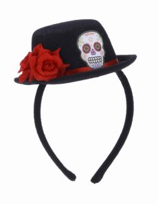 Serre-tête mini chapeau noir fleur rouge Dia de los muertos adulte accessoire