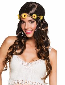 Perruque longue marron avec bandeau fleurs femme accessoire