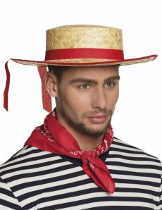 Chapeau canotier avec bande rouge adulte accessoire