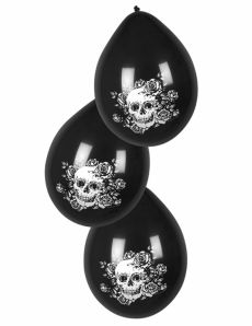 6 Ballons en latex squelette fleuri noir 25 cm accessoire