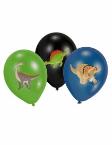 6 Ballons en latex Grands Dinosaures noir, vert et bleu 27,5 cm accessoire