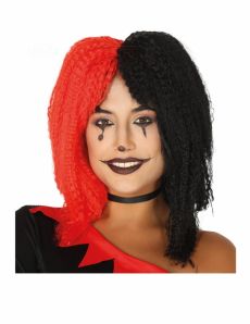 Perruque arlequin rouge et noire gauffrée femme accessoire