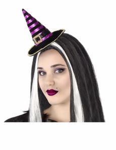 Serre-tête mini chapeau de sorcière rayé noir et violet adulte accessoire