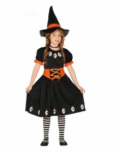 Déguisement jolie petite sorcière avec chapeau noir et orange fille 