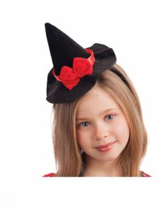 Serre-tête mini chapeau sorcière noir avec noeud rouge 13 cm accessoire