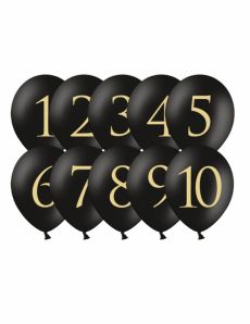 10 Ballons en latex chiffres 1 à 10 noirs et dorés 30 cm accessoire