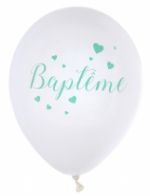 8 Ballons en latex Baptême blancs et menthe 23 cm